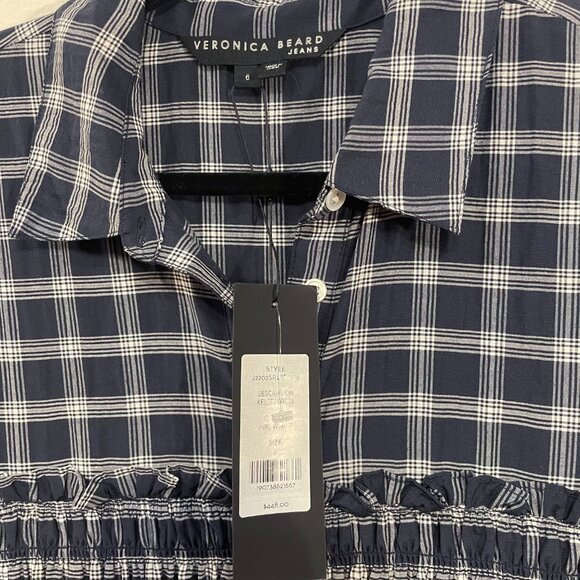 New Veronica Beard Kelsey Smocked Plaid Mini Shirtdress Navy White sz 6 $448 - Picture 7 of 9